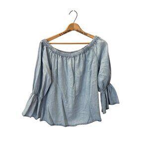 We The Free Top Size XL Chambray Off The Shoulder Bell Sleeve Blue Denim Look